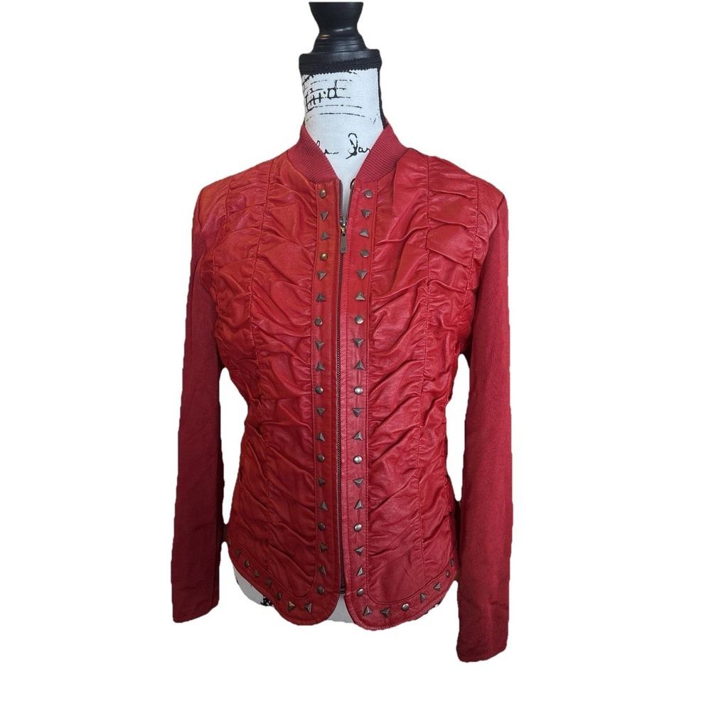 Peter Nygard Jacket Leather & Knit Red Full Zip Studded Moto Size Medium